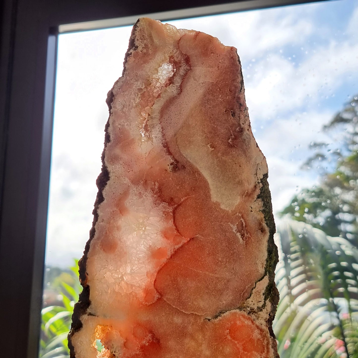 Pink Amethyst Slice On Black Metal Stand #1069