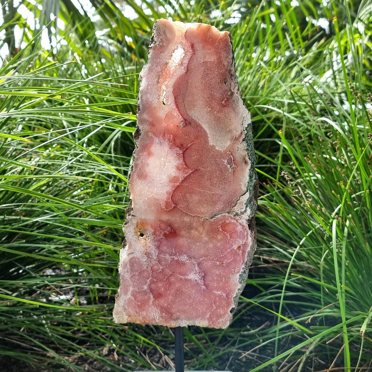 Pink Amethyst Slice On Black Metal Stand #1069